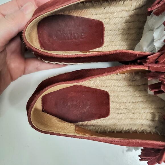 Chloé Claret Red Suede Fringe Espadrille Flats US 7 / EU 37 Boho Chic Designer - Picture 10 of 14